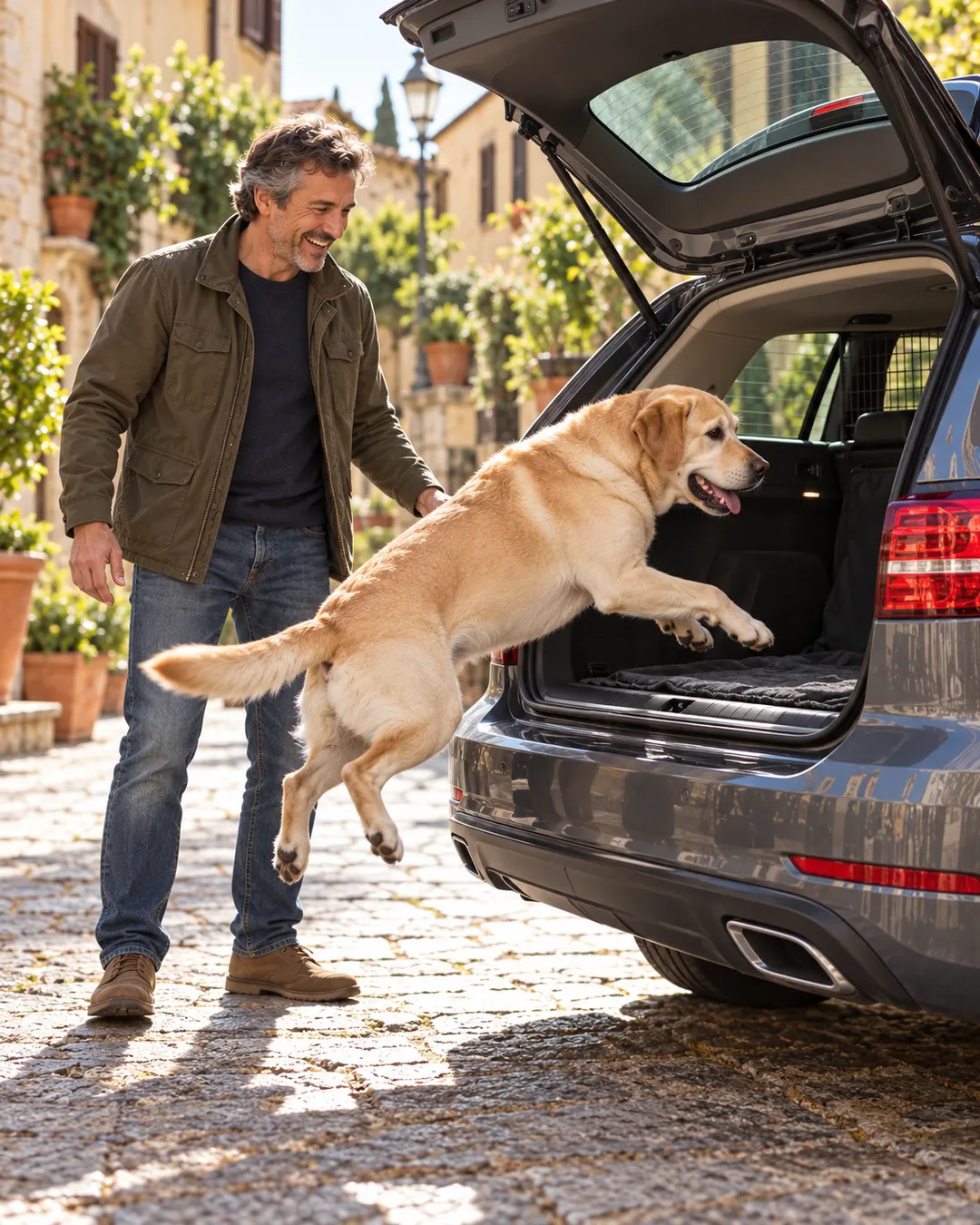 Il labrador in forma salta da solo nel bagagliaio