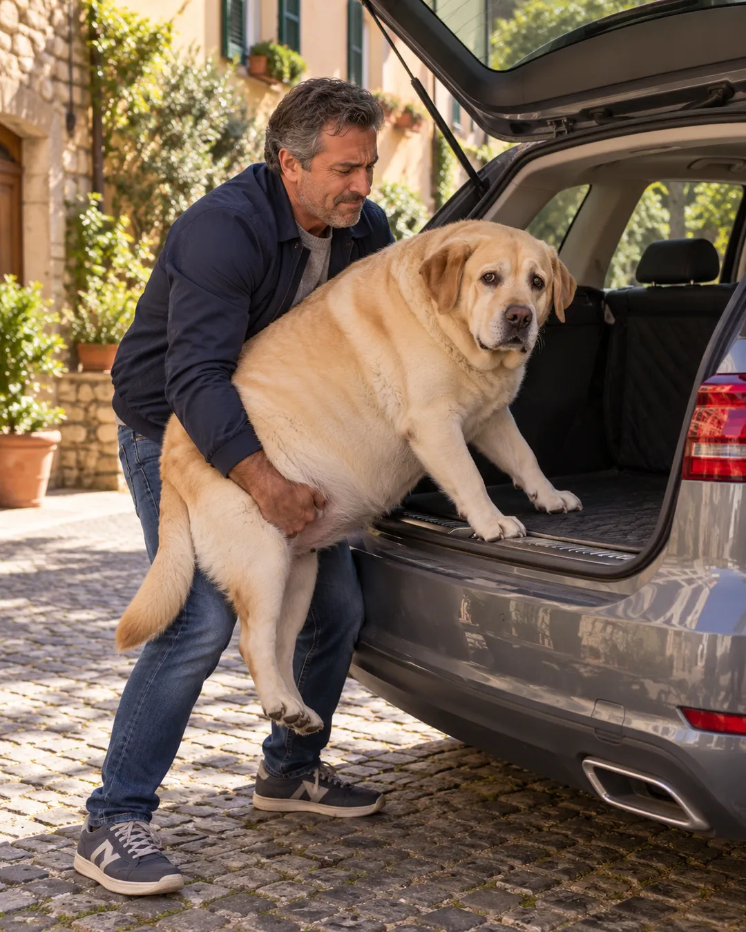 Il padrone solleva a fatica il labrador appesantito nel bagagliaio