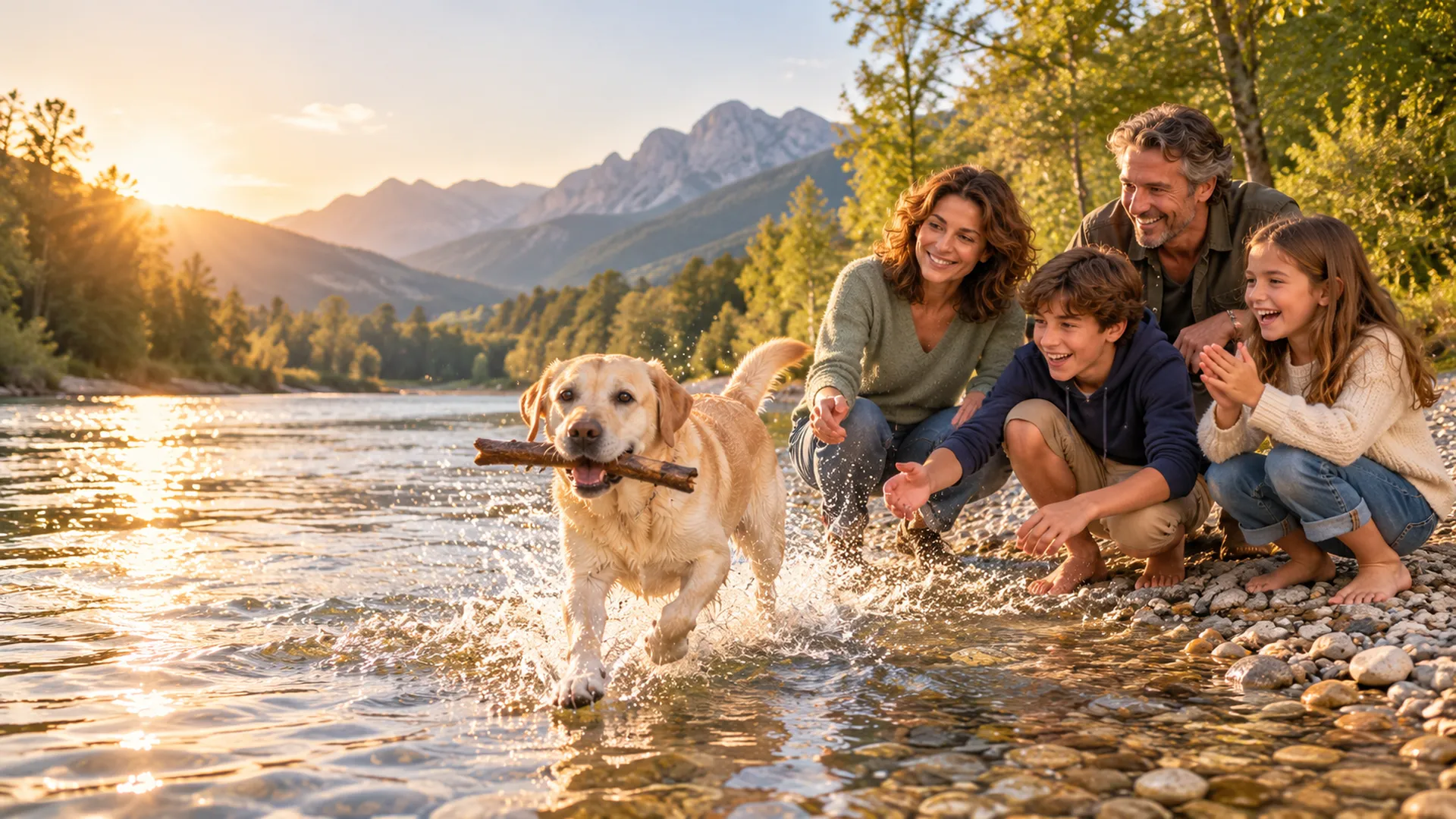 La famiglia ride sulla riva del fiume mentre il labrador in forma corre nell'acqua