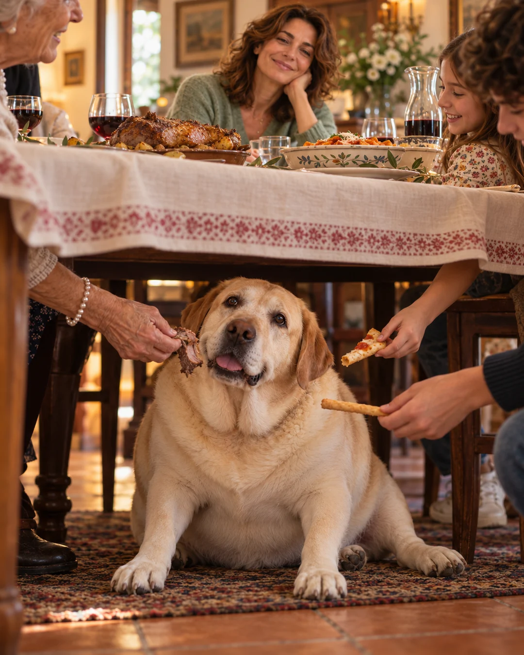 Sotto il tavolo della domenica tre mani allungano cibo al labrador