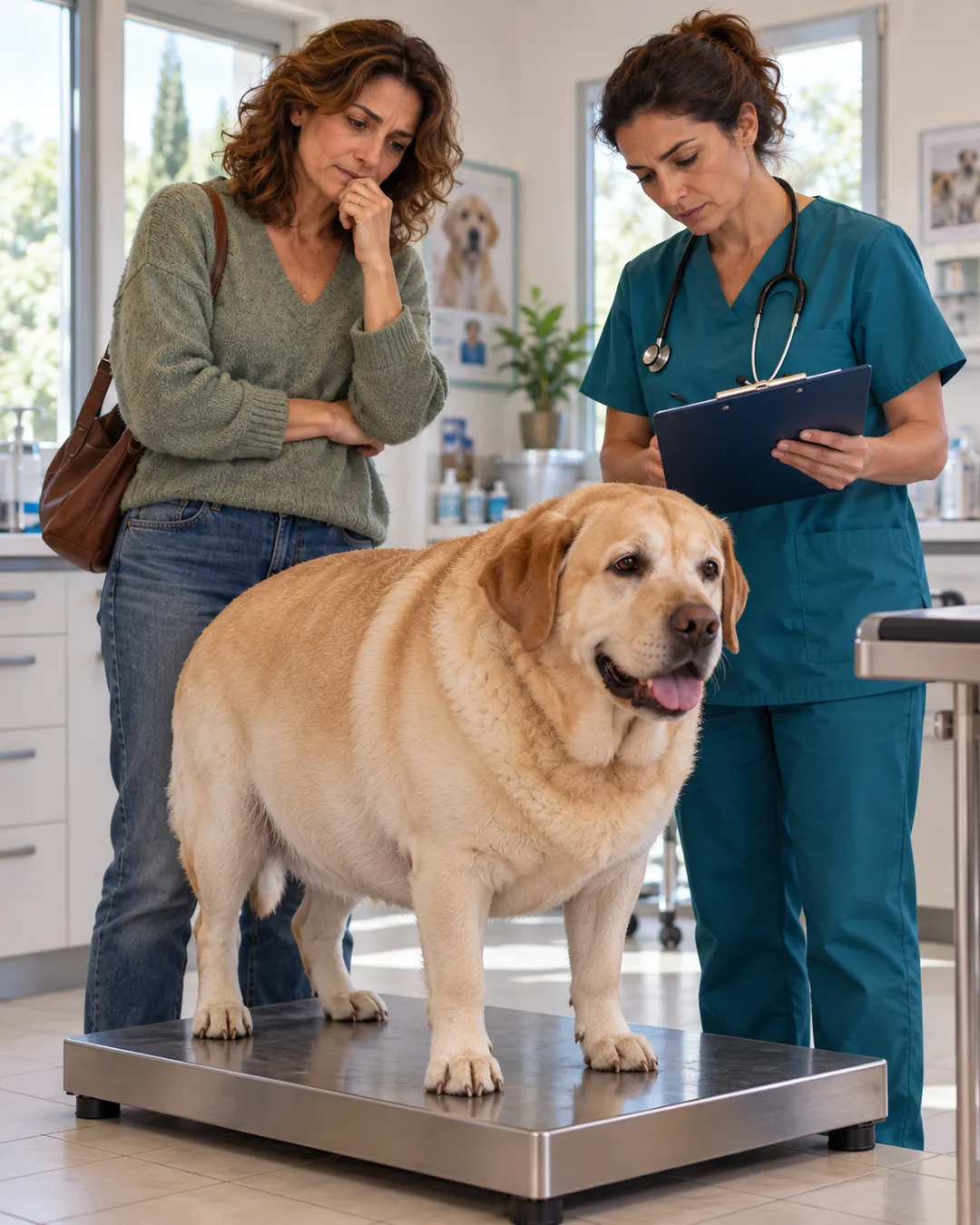 Laura preoccupata accanto al labrador sulla bilancia del veterinario